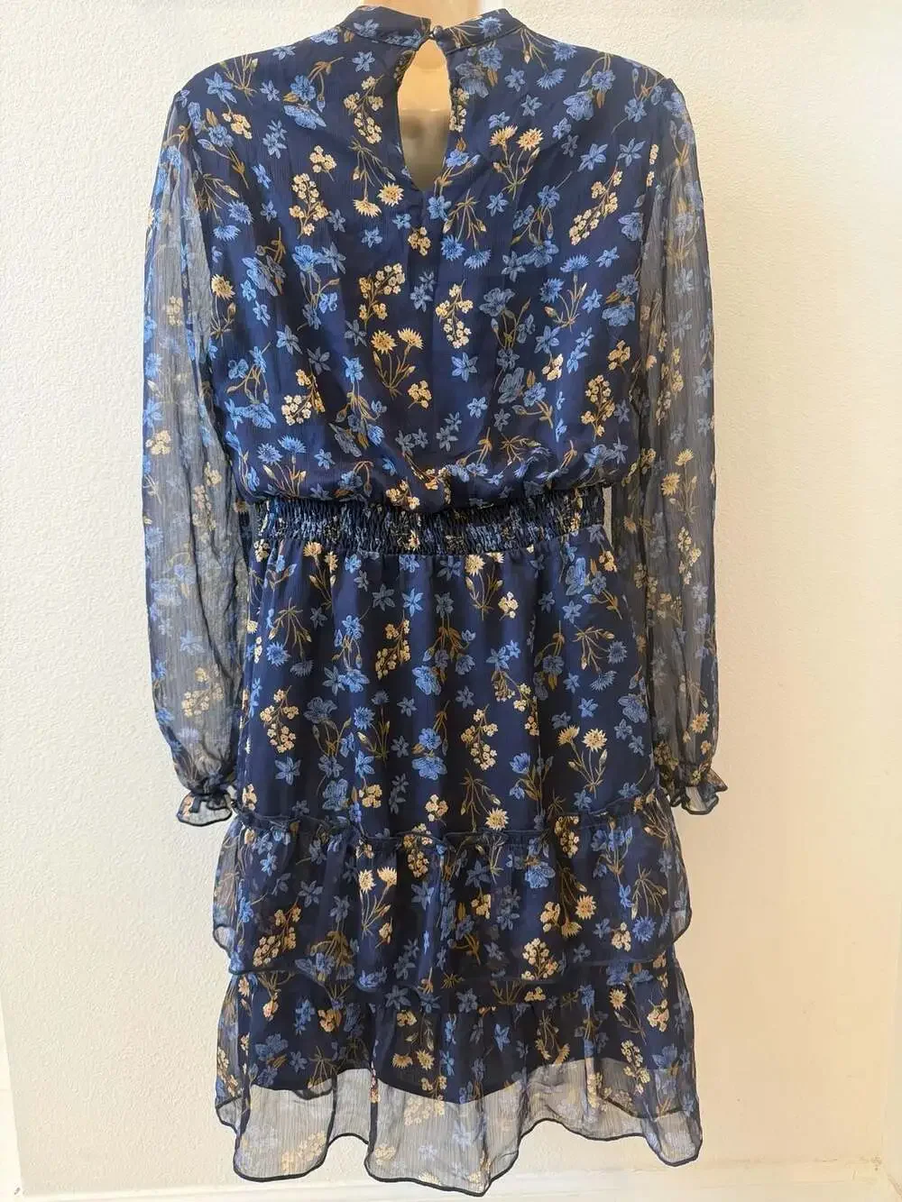 Allegra K Smocked Waist Sheer Sleeve Ruffle Layered Floral Chiffon Mini Dress